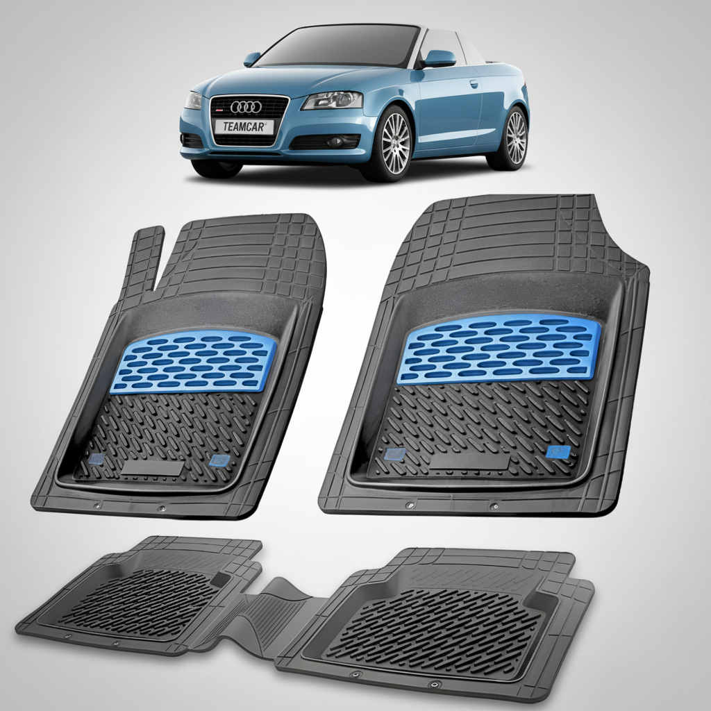 set de covorase din cauciuc negre cu accente albastre cu un audi a3 8p cabriolet albastru in fundal