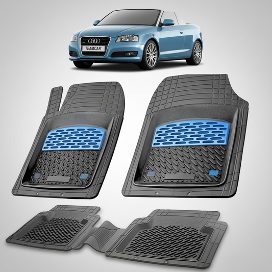 set de covorase din cauciuc negre cu accente albastre cu un audi a3 8p cabriolet albastru in fundal