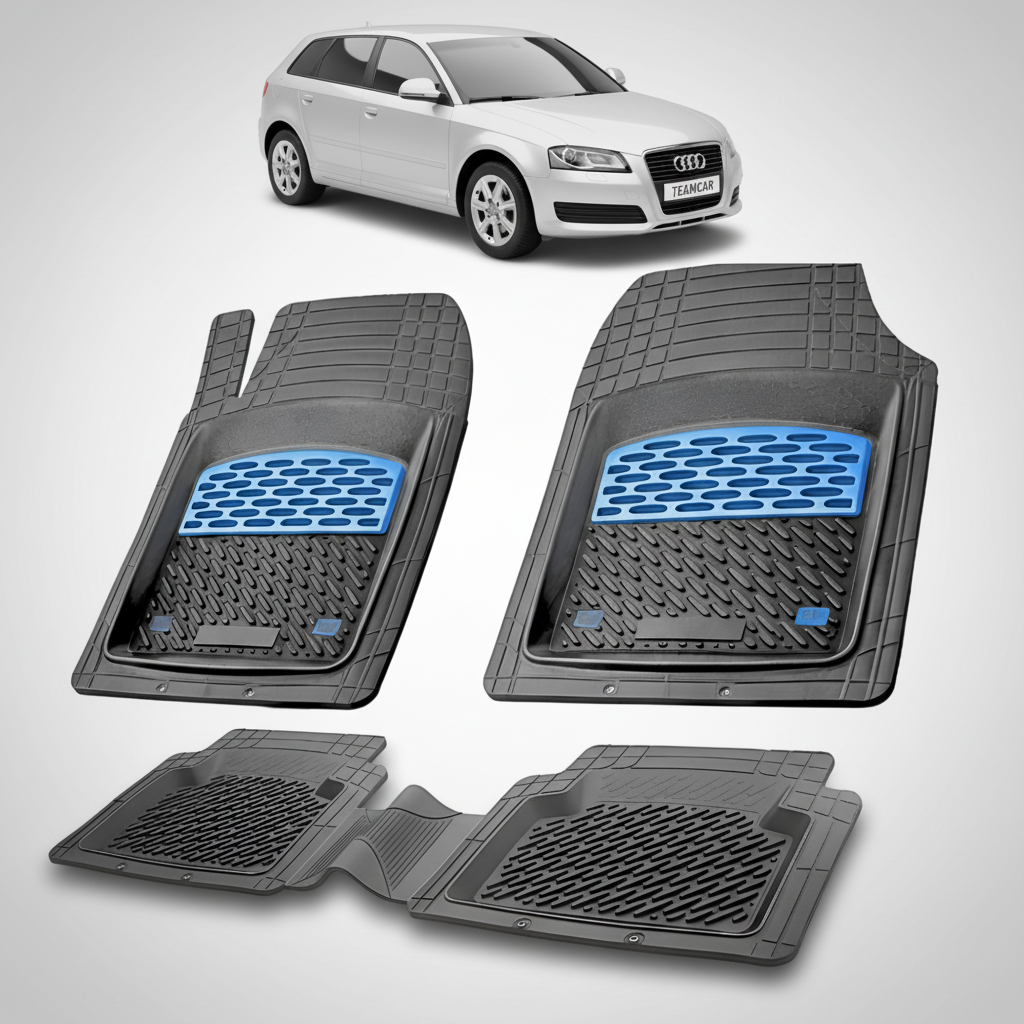 set de covorase din cauciuc negre cu accente albastre cu un audi a3 hatchback 5 usi argintiu in fundal