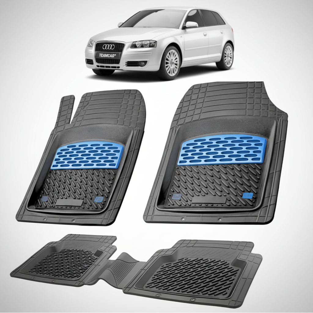 set de covorase din cauciuc negre cu accente albastre cu un audi a3 8p argintiu in fundal