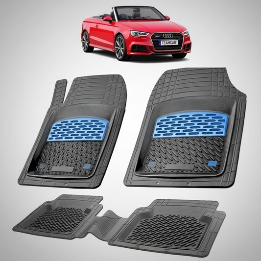 set de covorase din cauciuc negre cu accente albastre cu un audi a3 8v cabriolet rosu in fundal
