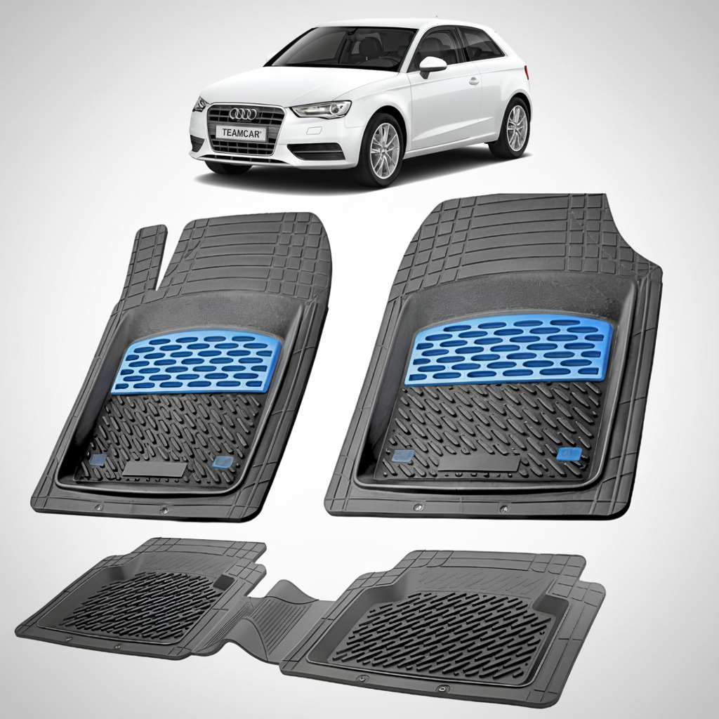 set de covorase din cauciuc negre cu accente albastre cu un audi a3 8v hatchback 3 usi alb in fundal