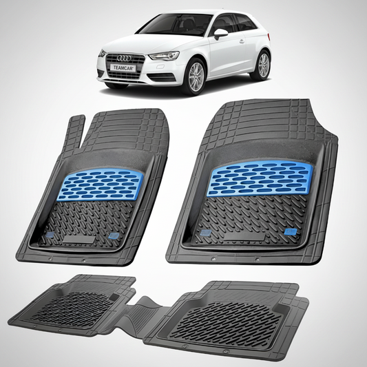 set de covorase din cauciuc negre cu accente albastre cu un audi a3 8v hatchback 3 usi alb in fundal