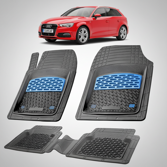 set de covorase din cauciuc negre cu accente albastre cu un audi a3 8v hatchback 5 usi rosu in fundal