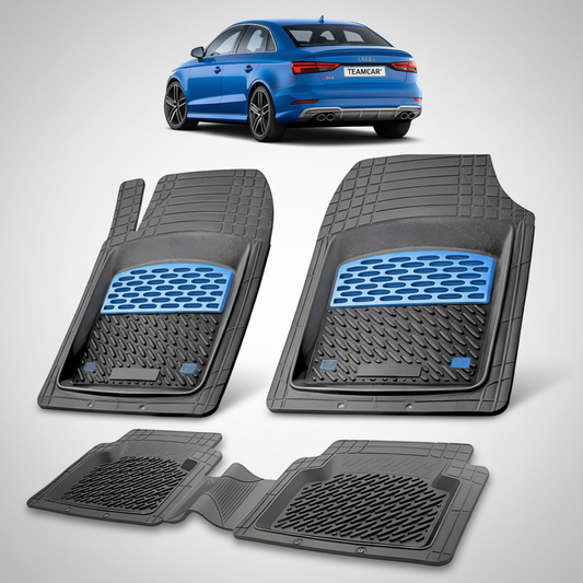 set de covorase din cauciuc negre cu accente albastre cu un audi a3 8v sedan albastru in fundal