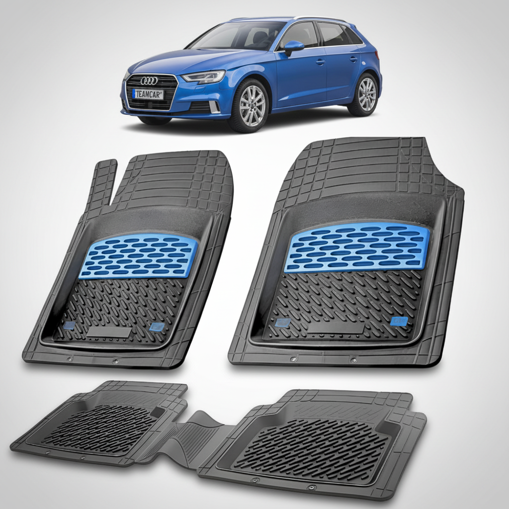 set de covorase din cauciuc negre cu accente albastre cu un audi a3 8v albastru in fundal