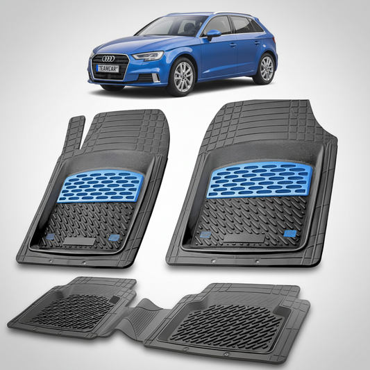 set de covorase din cauciuc negre cu accente albastre cu un audi a3 8v albastru in fundal