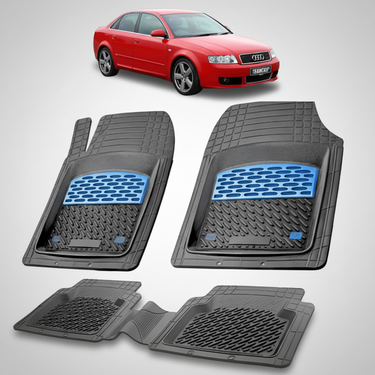 set de covorase din cauciuc negre cu accente albastre cu un audi a4 b6 sedan rosu in fundal