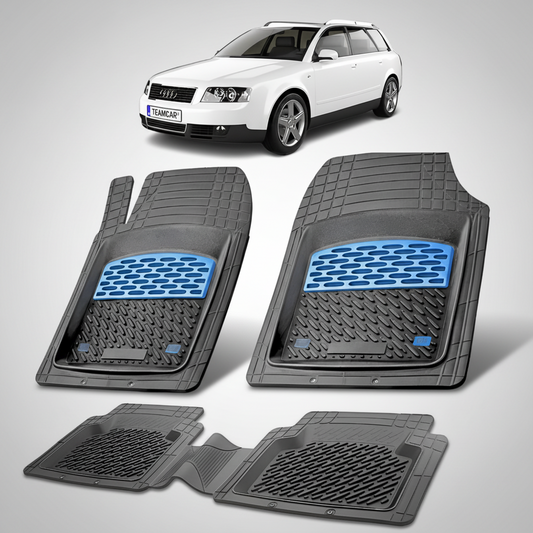 set de covorase din cauciuc negre cu accente albastre cu un audi a4 b6 variant alb in fundal