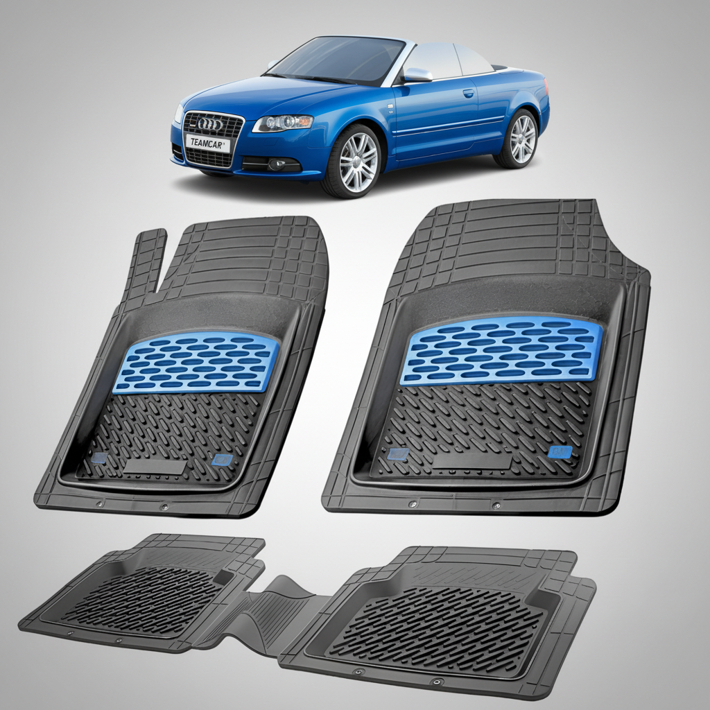 set de covorase din cauciuc negre cu accente albastre cu un audi a4 b7 cabriolet albastru in fundal