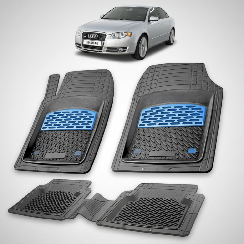 set de covorase din cauciuc negre cu accente albastre cu un audi a4 b7 sedan gri in fundal