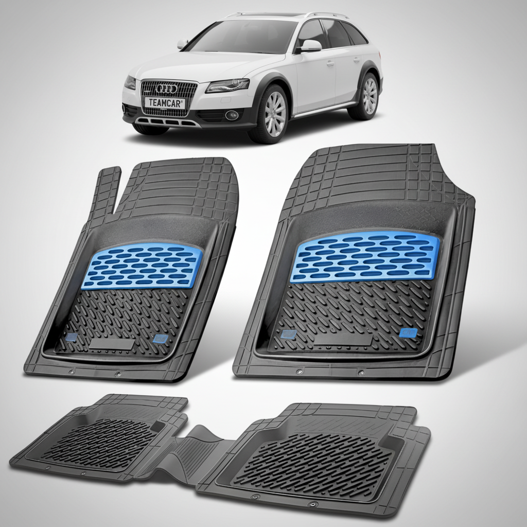 set de covorase din cauciuc negre cu accente albastre cu un audi a4 b8 allroad alb in fundal