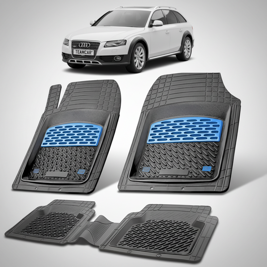set de covorase din cauciuc negre cu accente albastre cu un audi a4 b8 allroad alb in fundal