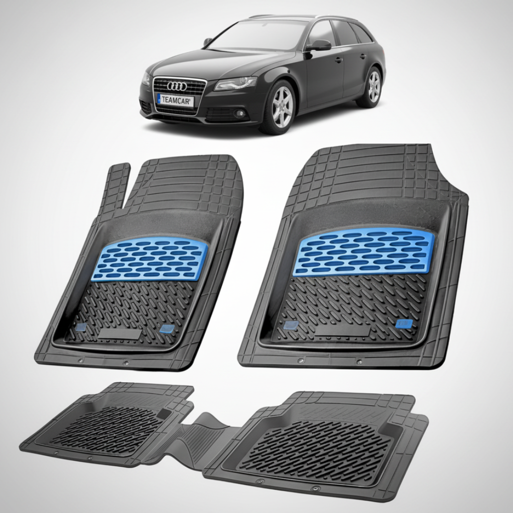 set de covorase din cauciuc negre cu accente albastre cu un audi a4 b8 avant break gri inchis in fundal