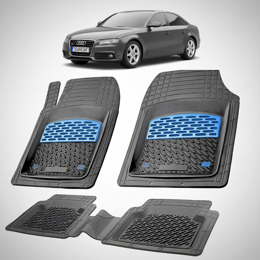 set de covorase din cauciuc negre cu accente albastre cu un audi a4 b8 sedan gri inchis in fundal