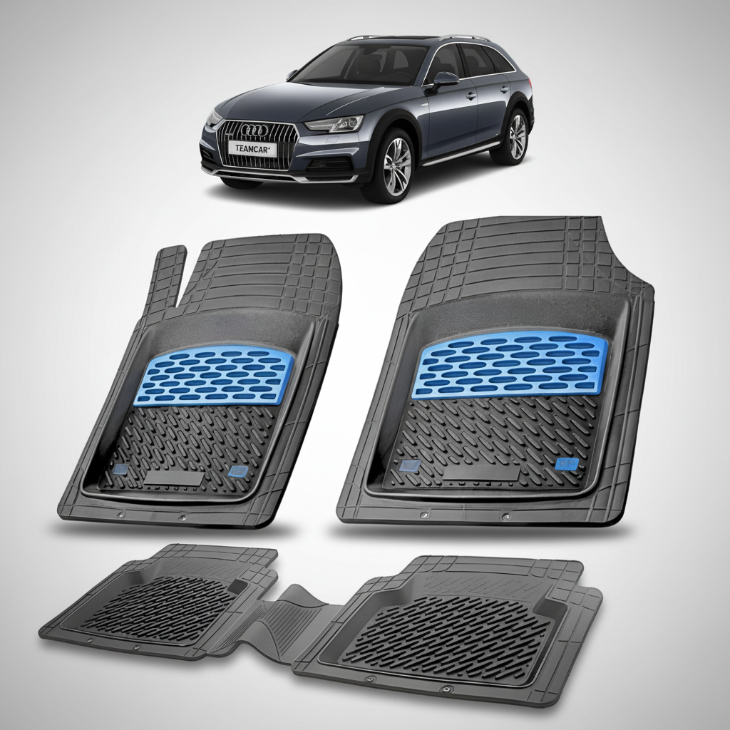 set de covorase din cauciuc negre cu accente albastre cu un audi a4 b9 allroad negru in fundal