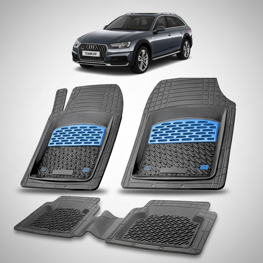 set de covorase din cauciuc negre cu accente albastre cu un audi a4 b9 allroad negru in fundal