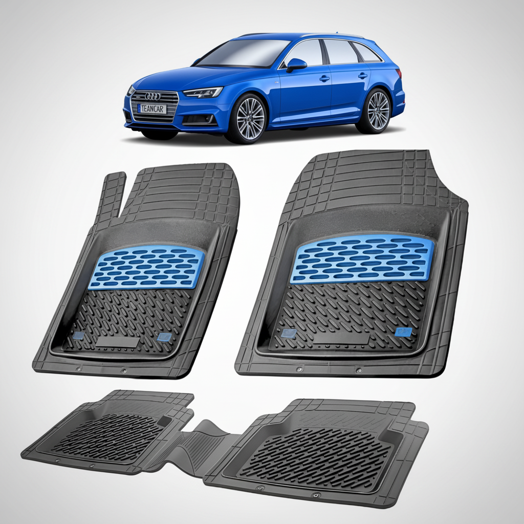 set de covorase din cauciuc negre cu accente albastre cu un audi a4 b9 avant break albastru in fundal