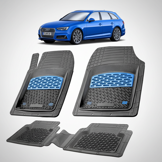 set de covorase din cauciuc negre cu accente albastre cu un audi a4 b9 avant break albastru in fundal