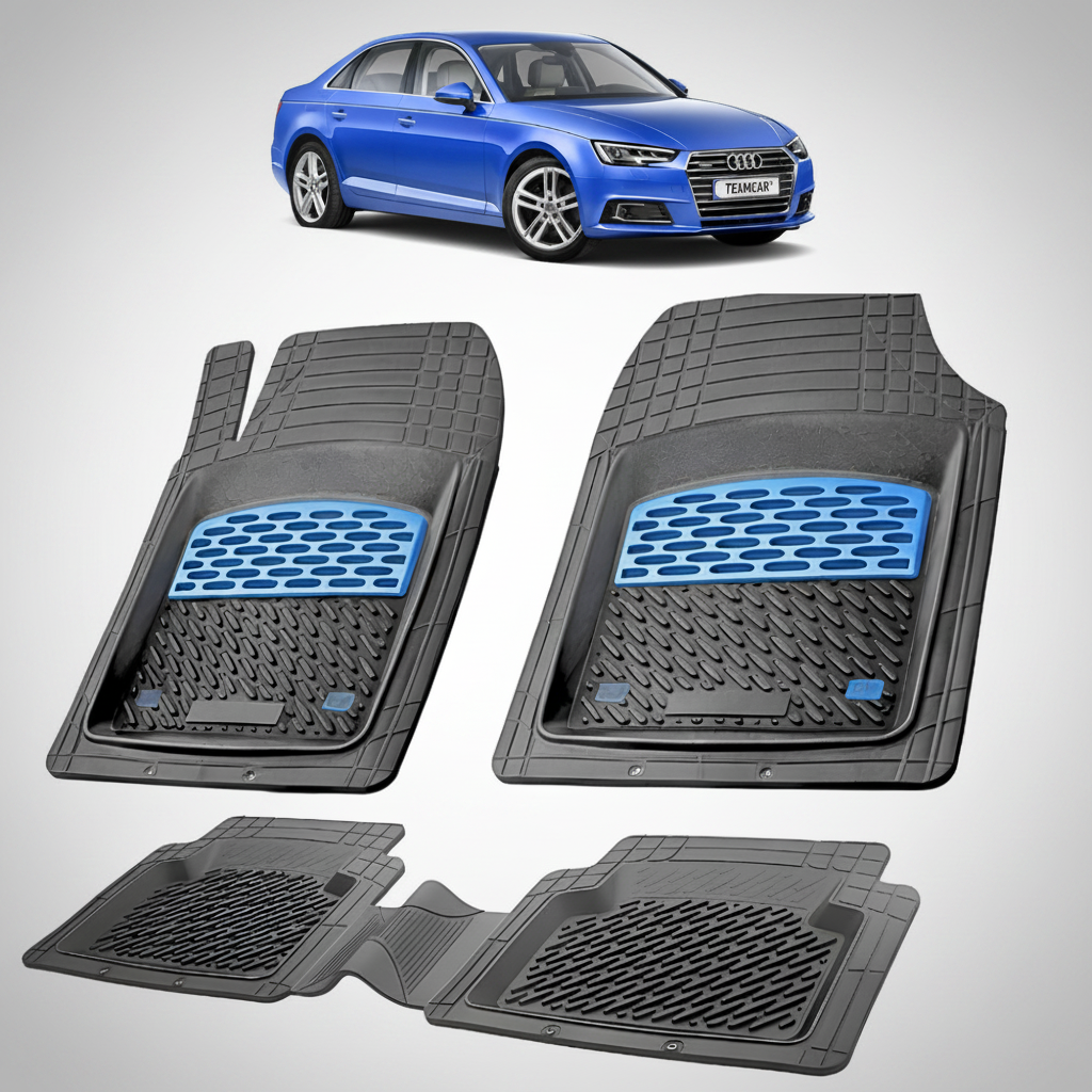 fekete gumiszőnyegek kék díszítéssel, háttérben egy kék Audi A4 B9 szedánnal