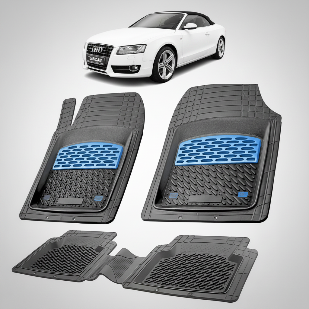 set de covorase din cauciuc negre cu accente albastre cu un audi a5 8t cabriolet alb in fundal