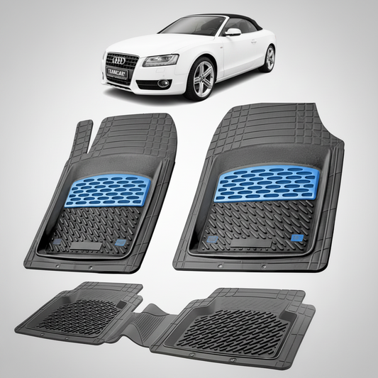 set de covorase din cauciuc negre cu accente albastre cu un audi a5 8t cabriolet alb in fundal