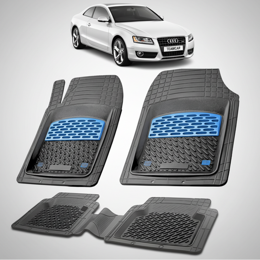 set de covorase din cauciuc negre cu accente albastre cu un audi a5 8t coupe argintiu in fundal