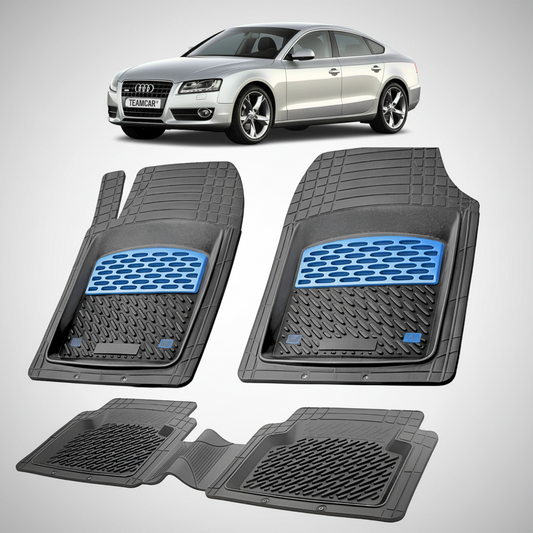 set de covorase din cauciuc negre cu accente albastre cu un audi a5 8t sportback gri in fundal