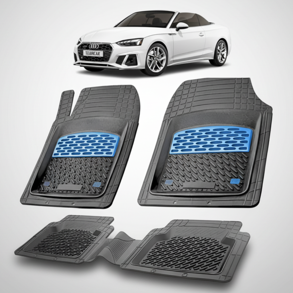set de covorase din cauciuc negre cu accente albastre cu un audi a5 f5 cabriolet alb in fundal