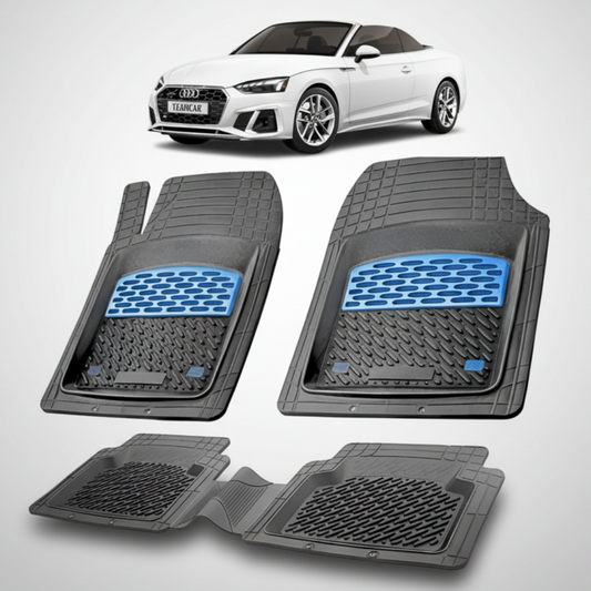 set de covorase din cauciuc negre cu accente albastre cu un audi a5 f5 cabriolet alb in fundal