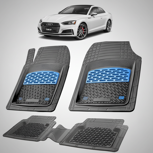 set de covorase din cauciuc negre cu accente albastre cu un audi a5 f5 coupe alb in fundal