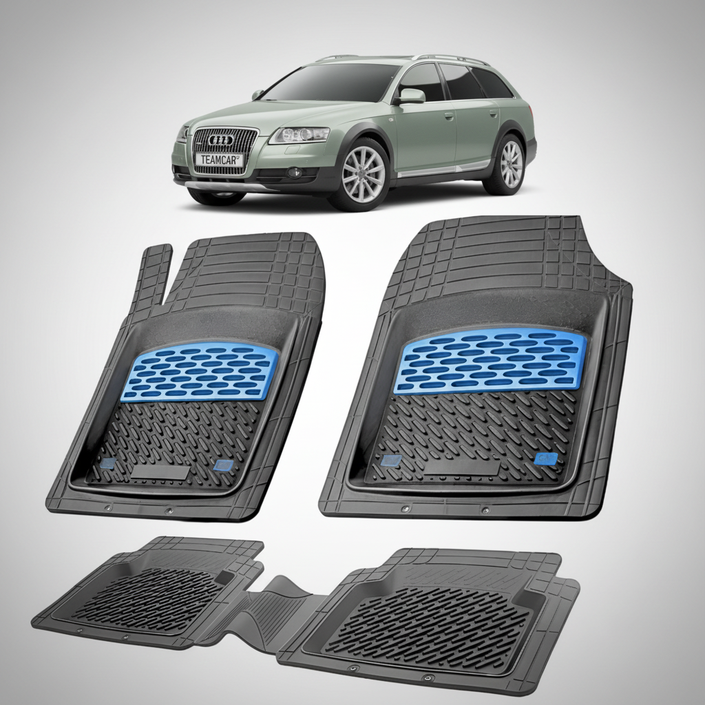 set de covorase din cauciuc negre cu accente albastre cu un audi A6 C6 allroad gri in fundal