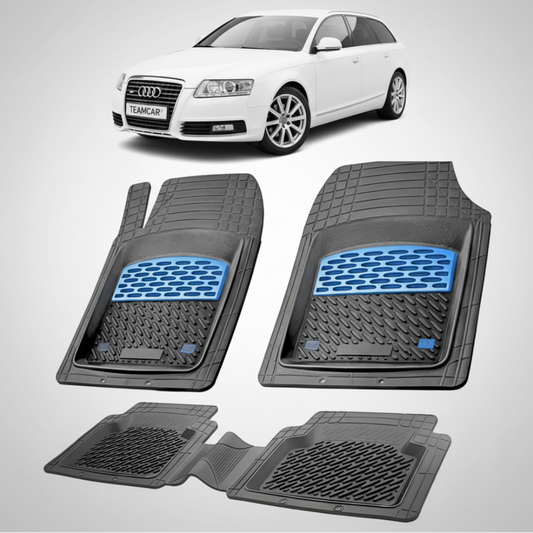 set de covorase din cauciuc negre cu accente albastre cu un audi a6 c6 avant alb in fundal