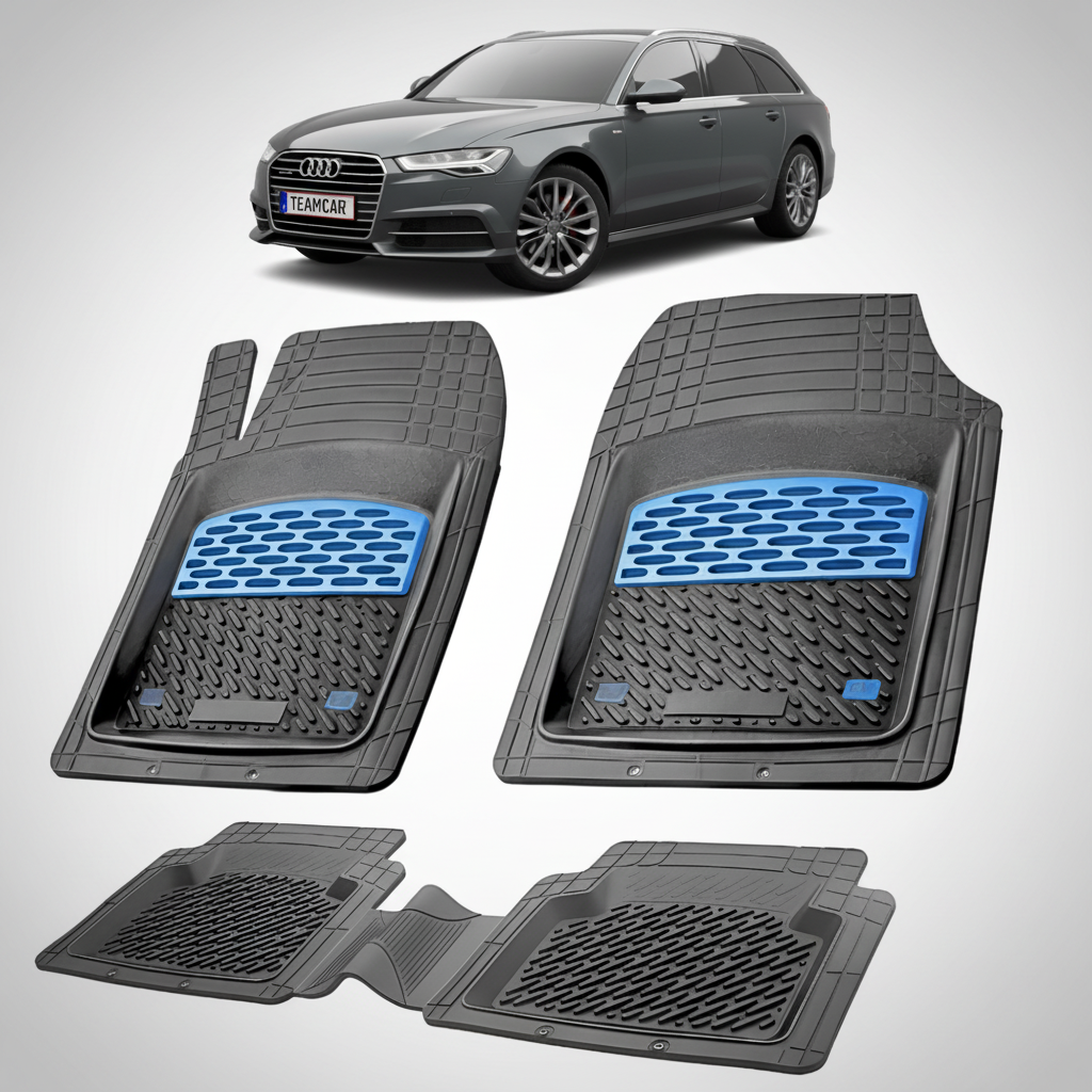 set de covorase din cauciuc negre cu accente albastre cu un audi a6 c7 avant break negru in fundal