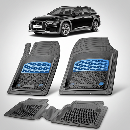set de covorase din cauciuc negre cu accente albastre cu un audi a6 c8 allroad negru in fundal