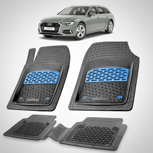 set de covorase din cauciuc negre cu accente albastre cu un audi a6 c8 avant break gri in fundal