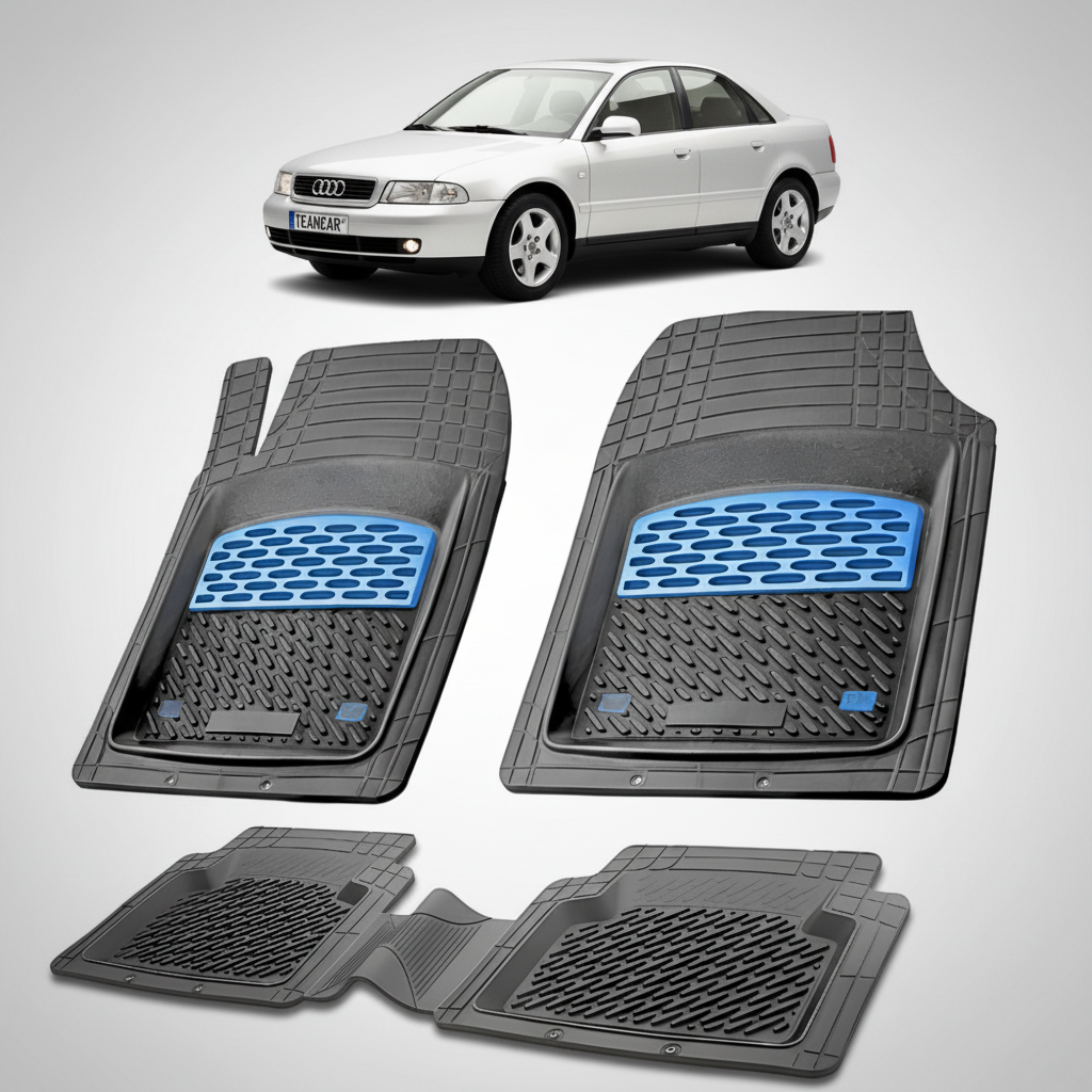 set de covorase din cauciuc negre cu accente albastre cu un audi b5 a4 8d gri in fundal
