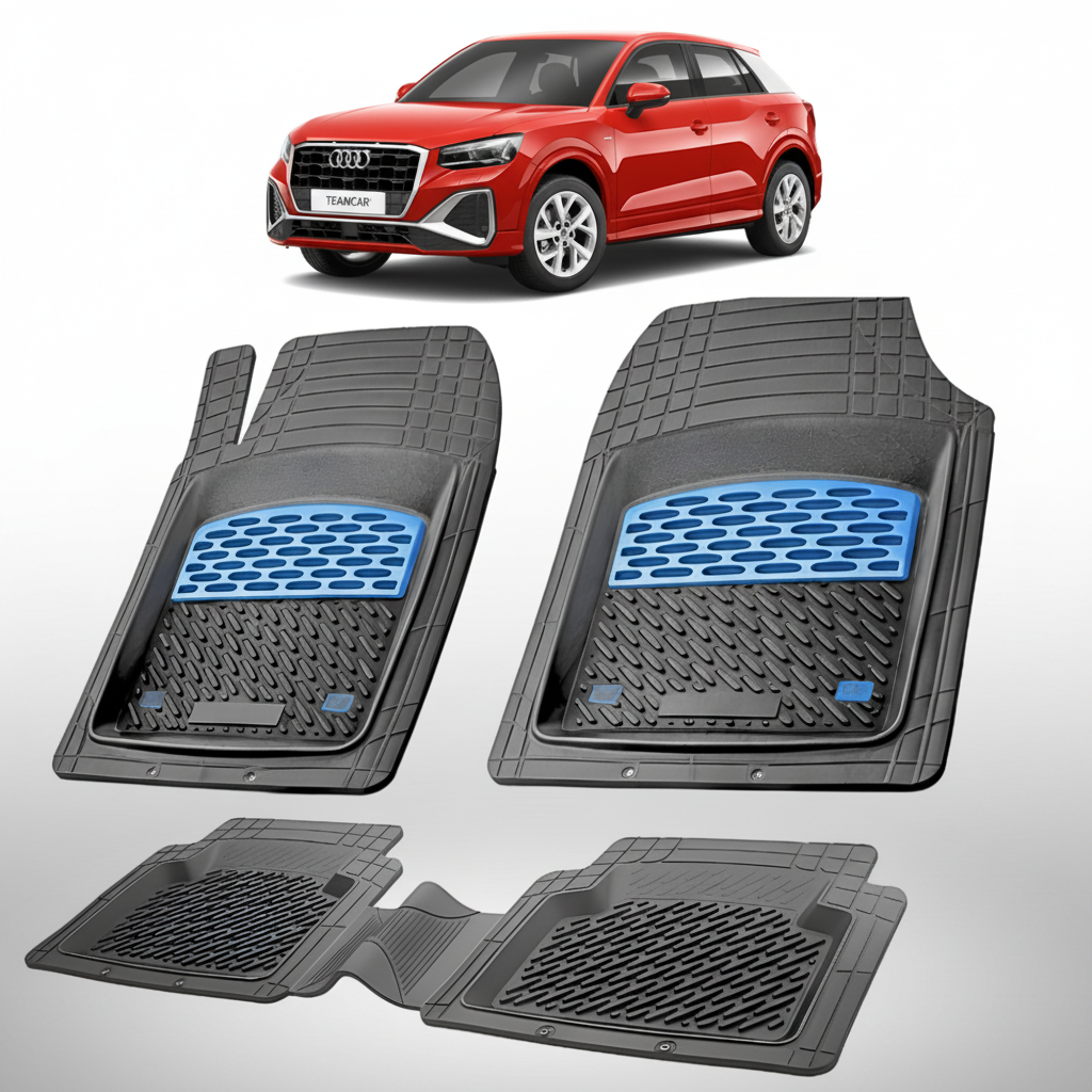 set de covorase din cauciuc negre cu accente albastre cu un audi Q2 GA suv rosu in fundal
