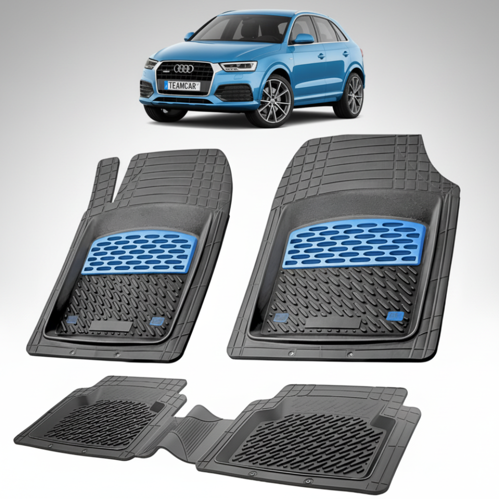 set de covorase din cauciuc negre cu accente albastre cu un audi q3 8u suv albastru in fundal