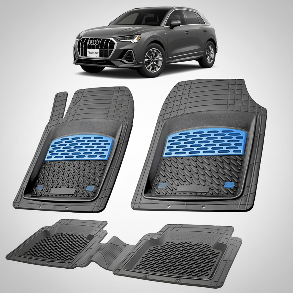set de covorase din cauciuc negre cu accente albastre cu un audi q3 f3 suv gri inchis in fundal