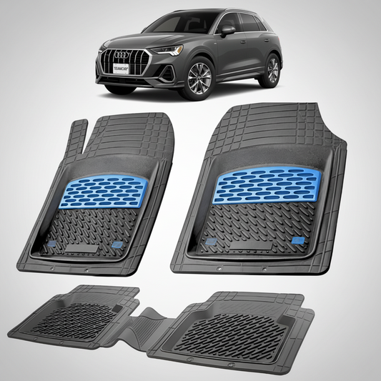 set de covorase din cauciuc negre cu accente albastre cu un audi q3 f3 suv gri inchis in fundal