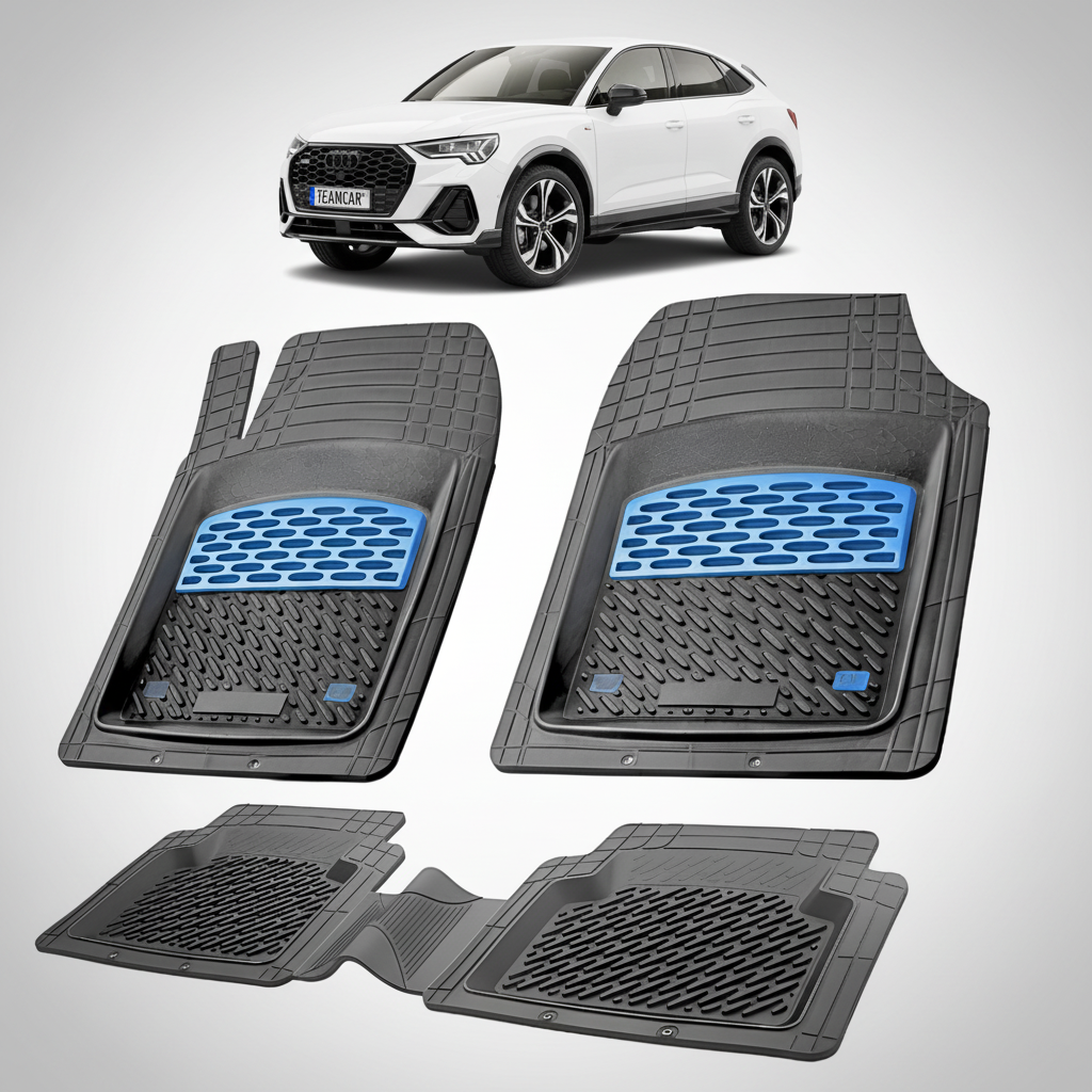 fekete gumiszőnyegek kék díszítéssel, a háttérben egy fehér Audi Q3 Sportback F3 SUV kupéval