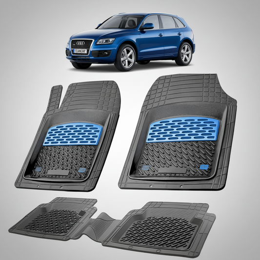 set de covorase din cauciuc negre cu accente albastre cu un audi q5 8r suv albastru in fundal