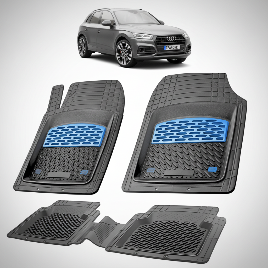set de covorase din cauciuc negre cu accente albastre cu un audi q5 fy suv gri inchis in fundal