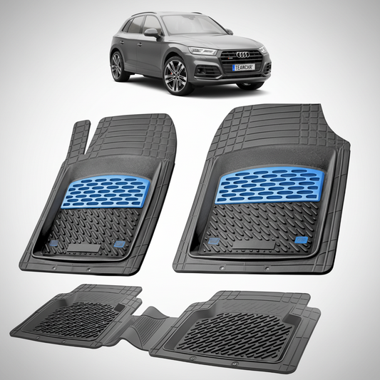set de covorase din cauciuc negre cu accente albastre cu un audi q5 fy suv gri inchis in fundal