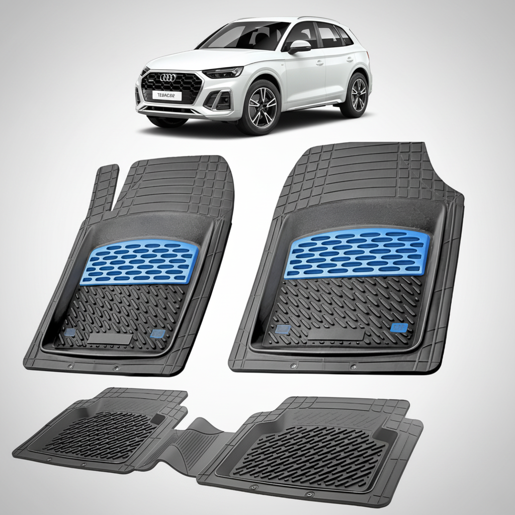 fekete gumiszőnyegek kék díszítéssel, a háttérben egy fehér Audi Q5 Sportback FY SUV Coupéval