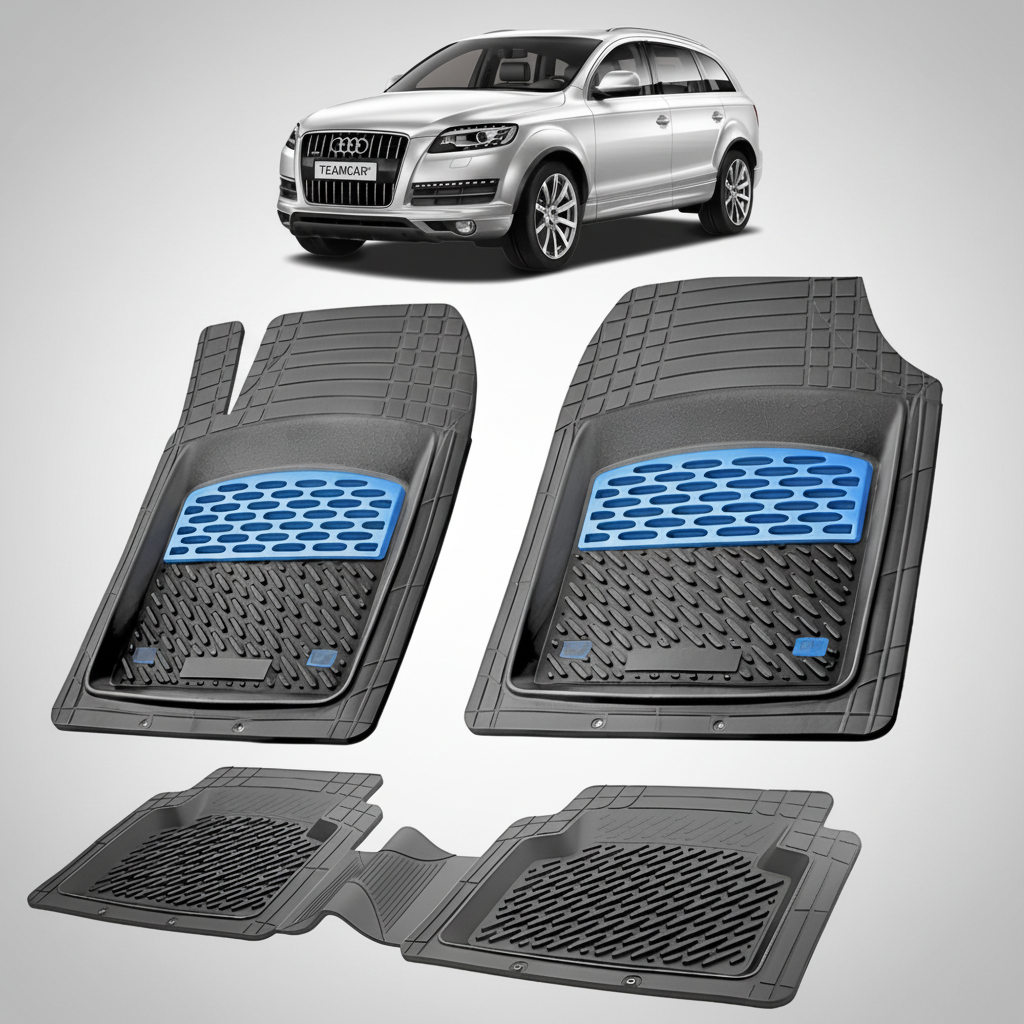 set de covorase din cauciuc negre cu accente albastre cu un audi q7 4L suv gri  in fundal