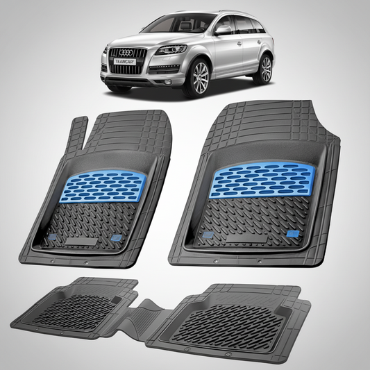 set de covorase din cauciuc negre cu accente albastre cu un audi q7 4L suv gri  in fundal