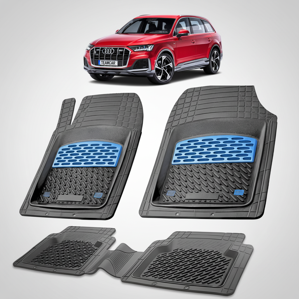 set de covorase din cauciuc negre cu accente albastre cu un audi q7 4m suv rosu  in fundal