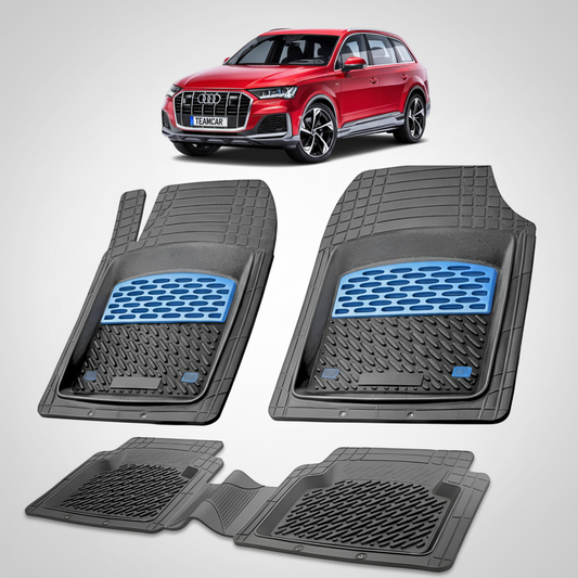 set de covorase din cauciuc negre cu accente albastre cu un audi q7 4m suv rosu  in fundal